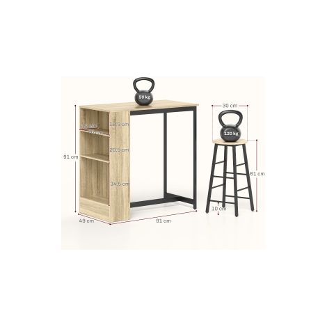 Ensemble mange-debout avec 2 tabourets, acier et finition chêne, rangement et repose-pieds pour cuisine (1/5)