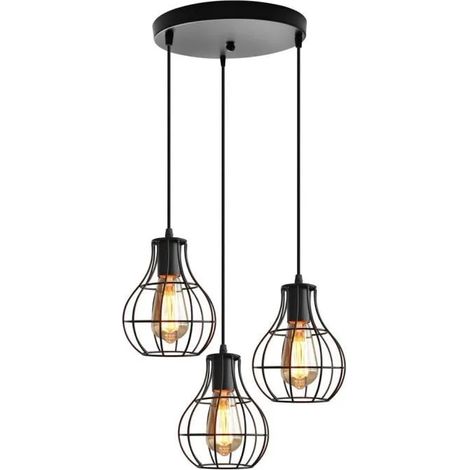 3 Lustres Suspensions Vinatge en Métal Noir Lampe Suspension Industrielle en Cage Style Classique pour Salon Chambre (1/4)