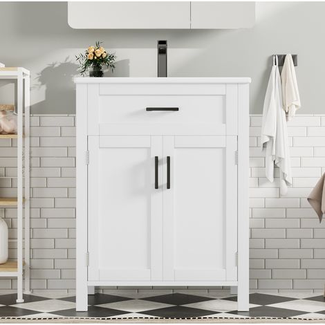 Mueble de baño con lavabo moderno de pie 60 x 46 x 84,8 cm en MDF lacado blanco con lavabo cerámico integrado, 2 puertas y 1 cajón (1/5)