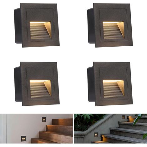 Lot de 4 spots LED encastrés pour escalier, blanc chaud 3000K, 3W, noir, pour intérieur. (1/5)