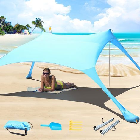 20-m-Strandzelt, UV-Schutz UPF 50+, für den Außenbereich, 2 Stangen, ideal für Camping, Angeln, Garten, Picknicks, Strandabdeckung, strapazierfähig, für blauen Sand (1/5)