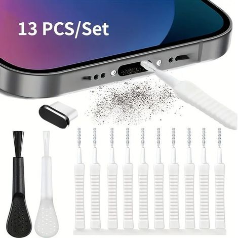 13PCS Kit de Nettoyage de téléphone Portable,1 Couvercle Antipoussière de Type C, 12 Brosse de Nettoyage, kit de Brosse de Nettoyage de Port de téléphone USB C métal Anti poussière Prise téléphone (1/5)