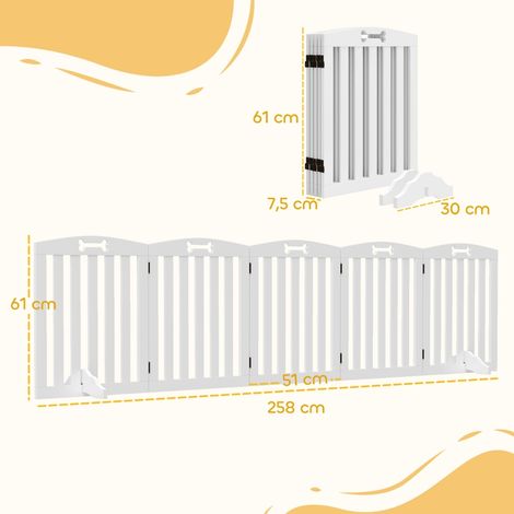 Barrière autoportante blanche pour chien avec pieds stabilisateurs 258x30x61cm, séparation fixe pour couloirs escaliers cadres de porte (1/5)
