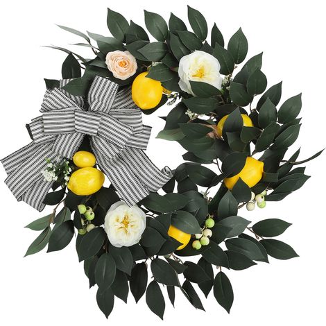 Couronne Florale Artificielle Citron Jaune et Roses, Décoration Rustique pour Porte d'Entrée Printanière - KZQ (1/2)