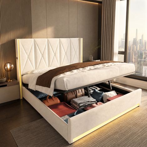 Lit coffre 180x200 cm en velours beige avec LED et USB, gain de place pour chambre, sans matelas – MEUBLIV (1/5)