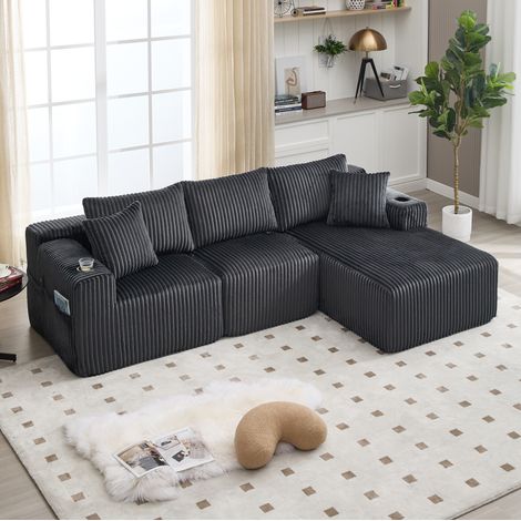 Canapé con méridienne modulare in velluto a coste grigio 257x90-160x62 cm con 5 cuscini e portabicchieri (1/5)