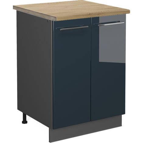 Meuble bas de cuisine Fame-Line, Bleu foncé brillant, 60 cm, PT Chêne, Vicco