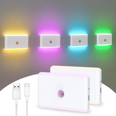 Veilleuse détecteur de mouvement, 5 couleurs, rechargeable, capteur crépuscule-aube, lumières d'escalier variable, appliques murales petite chambre [Classe énergétique D]