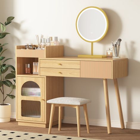 Ensemble coiffeuse en bois avec miroir à éclairage LED tricolore, adapté aux chambres ou aux studios dimensions : L120 / H90 / P40 cm (tabouret non inclus). (1/5)