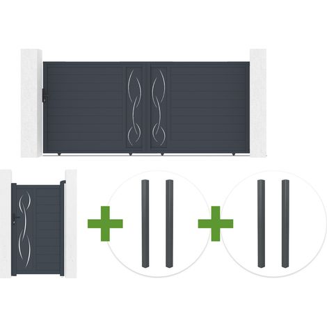 Portail coulissant 4m LIFE H.180cm aluminium gris + Portillon 1m LIFE H.180cm aluminium gris + 4 poteaux ELDA (1/5)