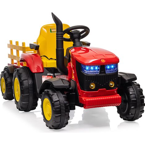 Lunsy – Tracteur électrique enfant 12V avec remorque amovible – 2 moteurs 35W – 3 vitesses – Télécommande – Phares LED – Klaxon rouge (1/5)