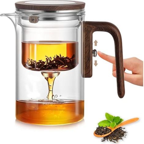 Teapot with Water Separation - 600ml, Borosilicate Glass/Removable Design, Teapot with Wooden Handle for Home, Office (1/5)