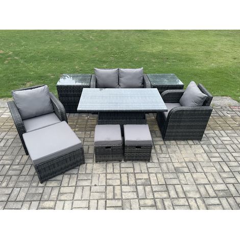 Fimous Rattan Furniture Outdoor Garden Dining Set Patio Height Adjustable Rising lifting Table Love Sofa Chair With 2 Side Tables  Stools (1/4)