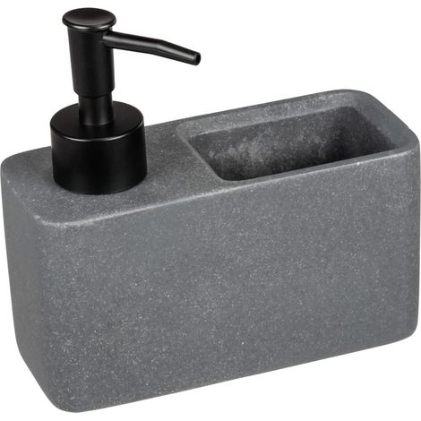 Distributeur de produit vaisselle, distributeur de savon, visuel pierre naturelle avec compartiment à éponge (incluse), rechargeable, contenance env. 150 ml, 14,5 x 14,3 x 6 cm, gris foncé (1/5)