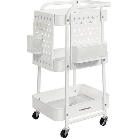 Chariot de Rangement, 3 Plateaux en Maille Métallique, 2 Panneaux Perforés Amovibles, 2 Supports Suspendus, 4 Crochets, pour Bureau, Cuisine, Salon, Salle de Bain, Blanc Nuage (1/4)