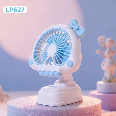 Mini ventilatore da tavolo bianco e blu con tre velocità.
