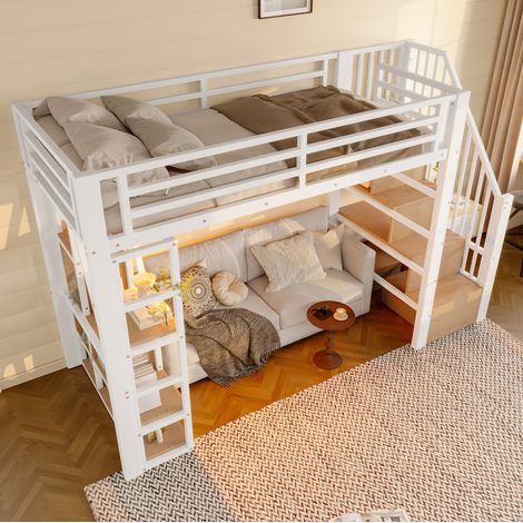 Letto a Soppalco 90x200 cm con Struttura Metallo e MDF Bianco (1/5)
