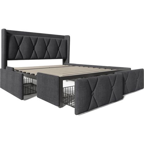 Polsterbett 140x200 cm grau mit 4 Schubladen, USB-Ports, Steckdosen und Kopfteil (1/5)