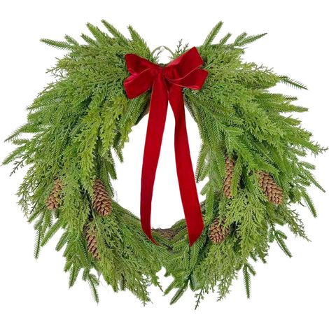 Guirlande De Noël - 42 Cm - Branches De Cèdre Artificiel - Pommes De Pin - Ruban Rouge - Pour Porte Intérieure Extérieure - Style Ferme - 1 Pièce (1/5)
