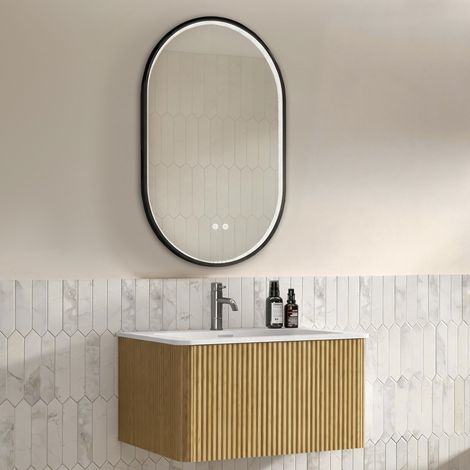 Mueble de baño mural con lavabo 80 cm y espejo LED ovalado 50 x 80 cm, roble DESVIAE (1/5)