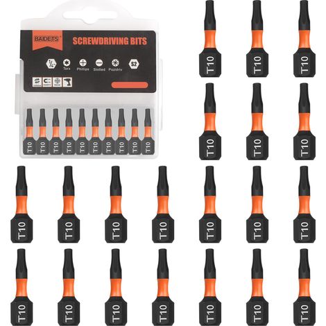 Assortiment d'embouts T10 – Lot de 20 embouts de tournevis, longueur 25 mm, embout de tournevis Torx, tige hexagonale de 6,35 mm, avec boîte de rangement (1/4)