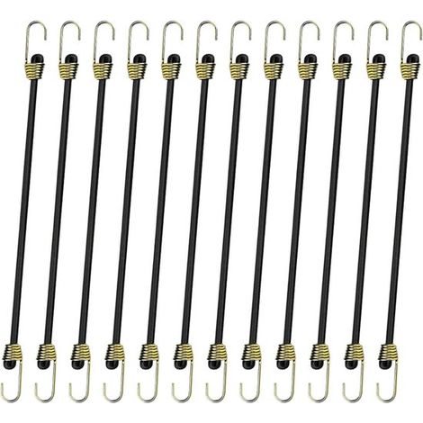 Corde elastiche, 12 pezzi. Corde robuste con ganci, nere. Per fissare tende da campeggio, per riporre teloni, per legare piccoli oggetti. (1/5)