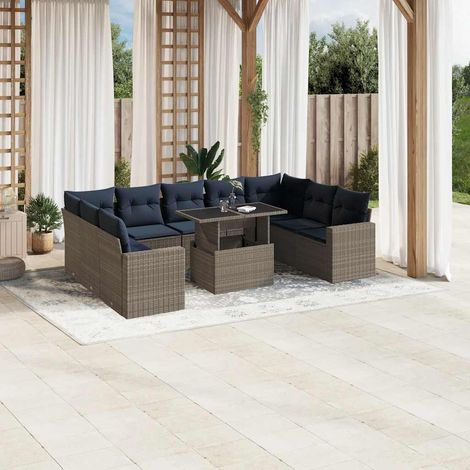 10-teiliges Gartensofa-Set mit Kissen, grau, Polyrattan (1/5)