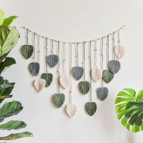 Décoration murale en macramé avec feuilles bohèmes, style bohème chic, ornée de plumes, faite main en fil tissé, feuilles roses, macramé (1/2)