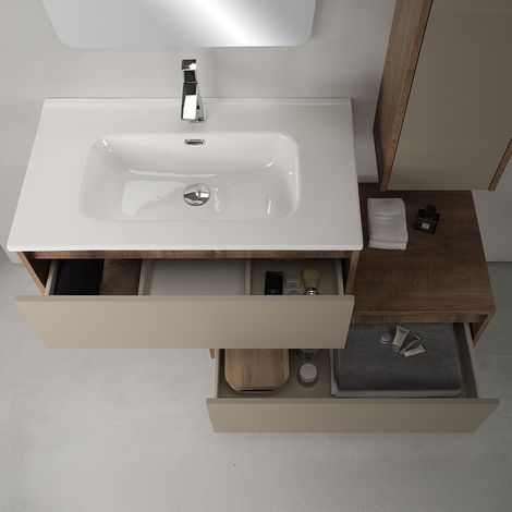 Mobile bagno sospeso 80 cm in legno tabacco e tortora 2 cassetti, colonna, lavabo e specchio Smok (1/5)