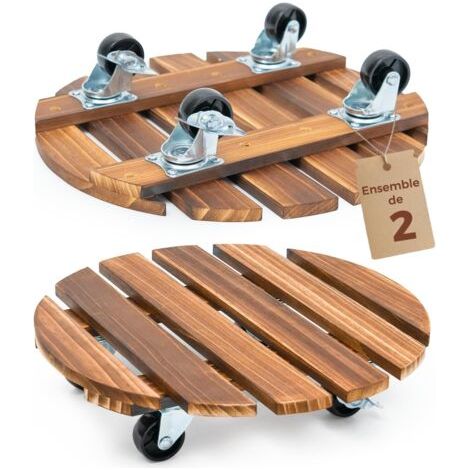 Porte Plante a Roulettes, Lot de 2 Plateaux Roulants pour Plantes 30,5 cm, Support avec Roulettes Pivotantes et Verrouillables, Capacite 100 KG, Pour Interieur et Exterieur, Marron Fonce