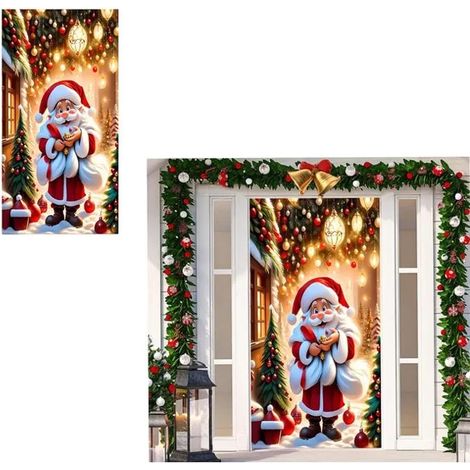 DECOR DE NOEL Couverture de porte de Noël, bannière fondamentale du Père Noël suspendu en polyester, décoration vacances ,90x200 Cm (1/5)