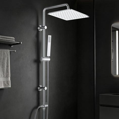 Colonne de douche en acier inoxydable sans mitigeur robinet, Ensemble de douche pluie avec barre de douche réglable en hauteur, pommeau 25x25 cm chromé (1/5)