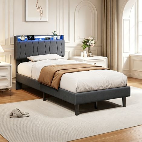 Lit double 140x200 avec sommier, éclairage LED RGB, ports USB et Type-C, Lin - adapté aux adultes et adolescents,Gris (1/5)