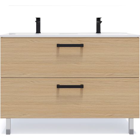 Homifab – Ensemble meuble de salle de bain suspendu 120cm – Double vasque céramique blanc brillant – 2 tiroirs – Chêne clair – Fabrication française (1/5)