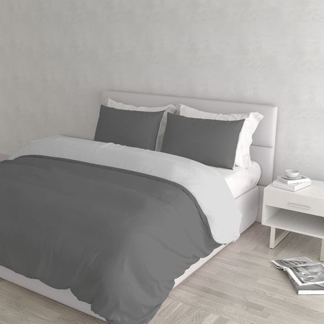 Parure Housse de Couette 100% Coton Naturel, Housse de Couette 250 x 200 cm avec Double Rabat et taies d'oreiller, Double, Gris foncé/Gris Clair (1/5)