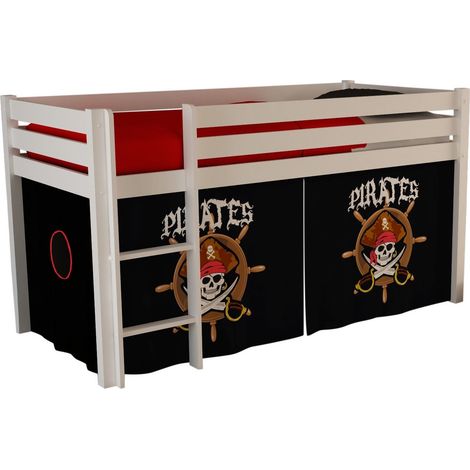 Lit mezzanine 90x200 avec tente pirate noir pin massif blanc Pino (1/3)
