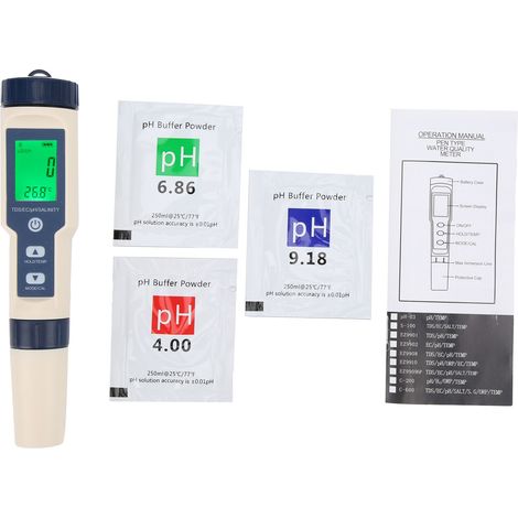 Stylo Testeur 5 en 1 Qualité Eau - Mesure PH, EC, TDS, Salinité, Température avec Rétroéclairage (1/5)