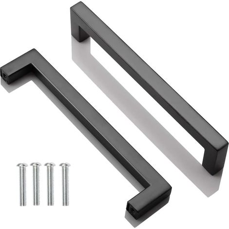 2pcs Poignee de Meuble Cuisine Noir, Acier Inox Poignées Meubles Carrée Entraxe 160 mm, pour Commode Salle de Bain, Tiroirs, Armoires, Placard, avec des vis (1/5)