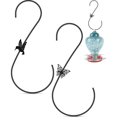 Support pour mangeoire à oiseaux de 30 cm avec 2 jeux de crochets métalliques pour suspendre les mangeoires à colibris. (Noir) (1/5)