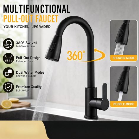 Ausziehbare Küchenarmatur Edelstahl Schwarz Dual Modus Apfelgriff 2 Schläuche 70 cm (1/5)