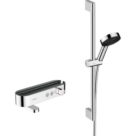 Hansgrohe – Mitigeur thermostatique douche/bain – Douchette 105mm 3 jets – Flexible 160cm – Barre de douche 65cm – Économie d'eau EcoSmart