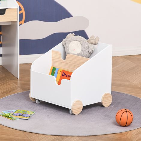 Caja de Almacenamiento de Madera para Juguetes 2 Secciones con Ruedas Asa Librería Infantil con Ruedas para Habitación de Niños 40x43x43 cm Blanco y Natural (1/5)