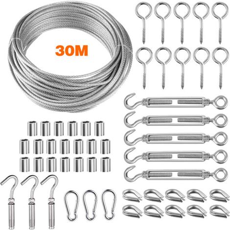 30m Kit de Corde Câble en Acier Inoxydable, Cable Métallique, Câble INOX avec Tendeur et Crochets pour Suspension Lumineuse,Plante (1/5)