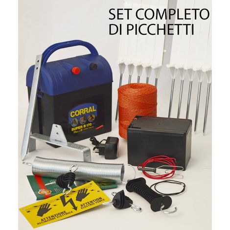 Set recinto senza batteria: SET RECINZIONE ELETTRICA con elettrificatore, filo, barriera con molla per cancello, targa e 20 picchetti