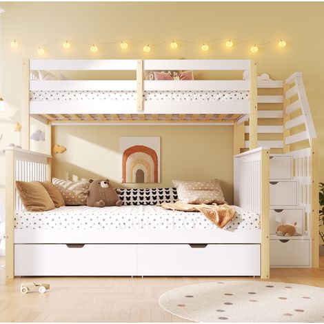 Lit superposé enfant 140x200 cm en pin blanc et marron avec tiroirs de rangement et échelle latérale (1/5)