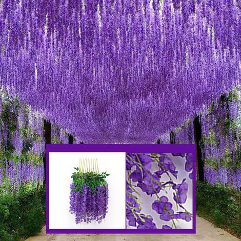 Glycines artificielles, feuilles vertes, fleurs de glycine artificielles, feuilles artificielles, plantes grimpantes en plastique, plantes d'intérieur, décorations de plafond, plantes vertes, violet, (1/5)