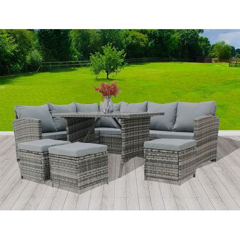 BIRCHTREE Rattan Furniture Set Sofa Chair Foot Stool Table Glass Coffee Table 9 Seater Cushion Outdoor Patio Grey