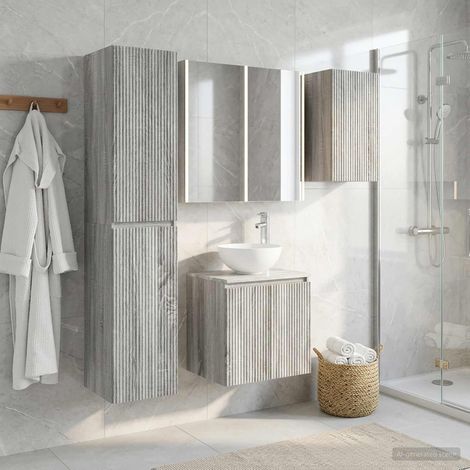 Ensemble meuble salle de bain 5 pièces Sonoma gris avec lavabo, armoires murales et miroirs LED, montage mural en bois d'ingénierie (1/5)