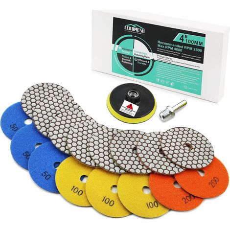 Disque Diamant de Polissage - 8pcs 100MM(503/1003/2002)+ M14 Tampon D'appui + Adapter,Sec Tampon de Polissage pour Granit Marbre Pierre Artificielle Quartz,pour Meuleuse ou Polisseuse