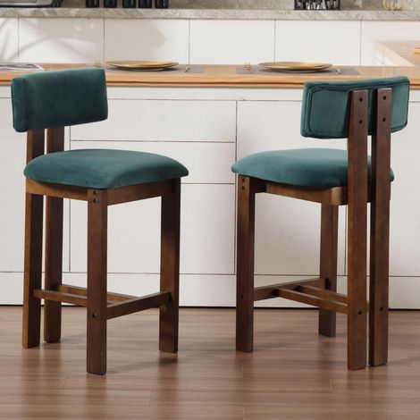 Barhocker 2er Set Samt mit Holzbeinen, gepolstert, mit Lehne, Grün (1/5)